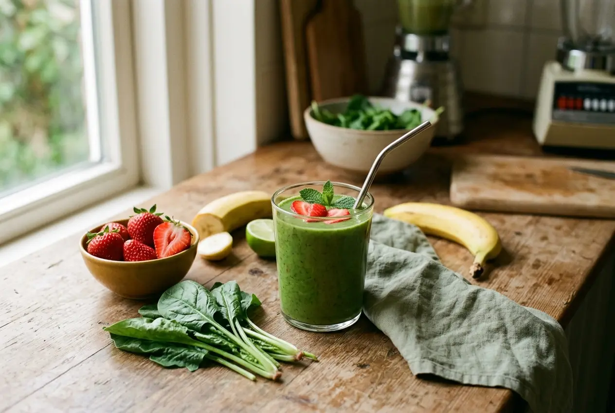 Snelle groente-fruit-smoothie met spinazie en aardbei