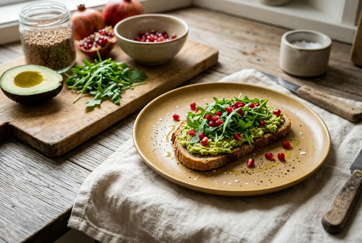 Speltbrood met avocado, rucola en granaatappelpitjes