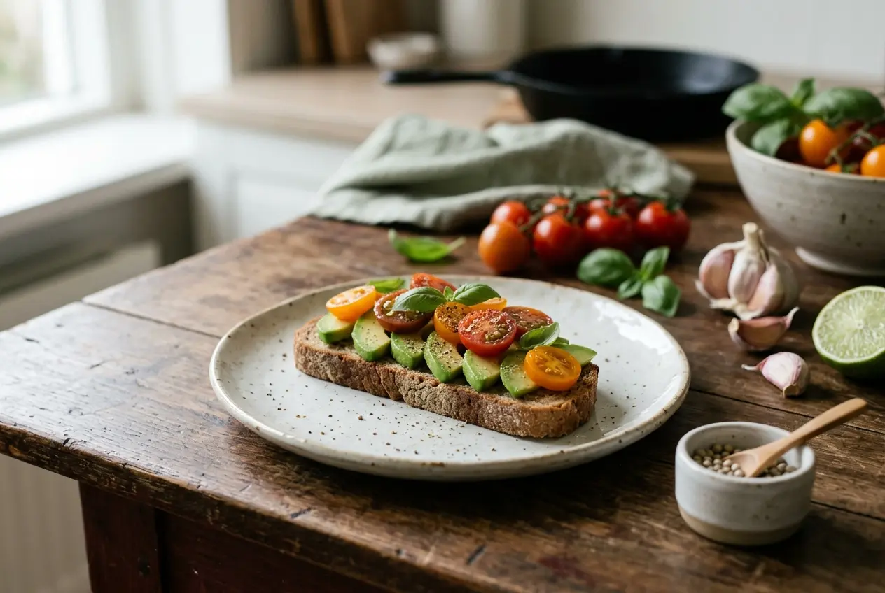 Speltbrood met avocado, witte peper en cherrytomaat — voedzaam ontbijt