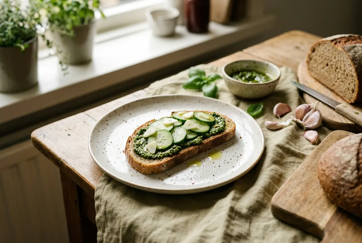 Speltbrood met basilicum-olijfolie, knoflook en komkommer