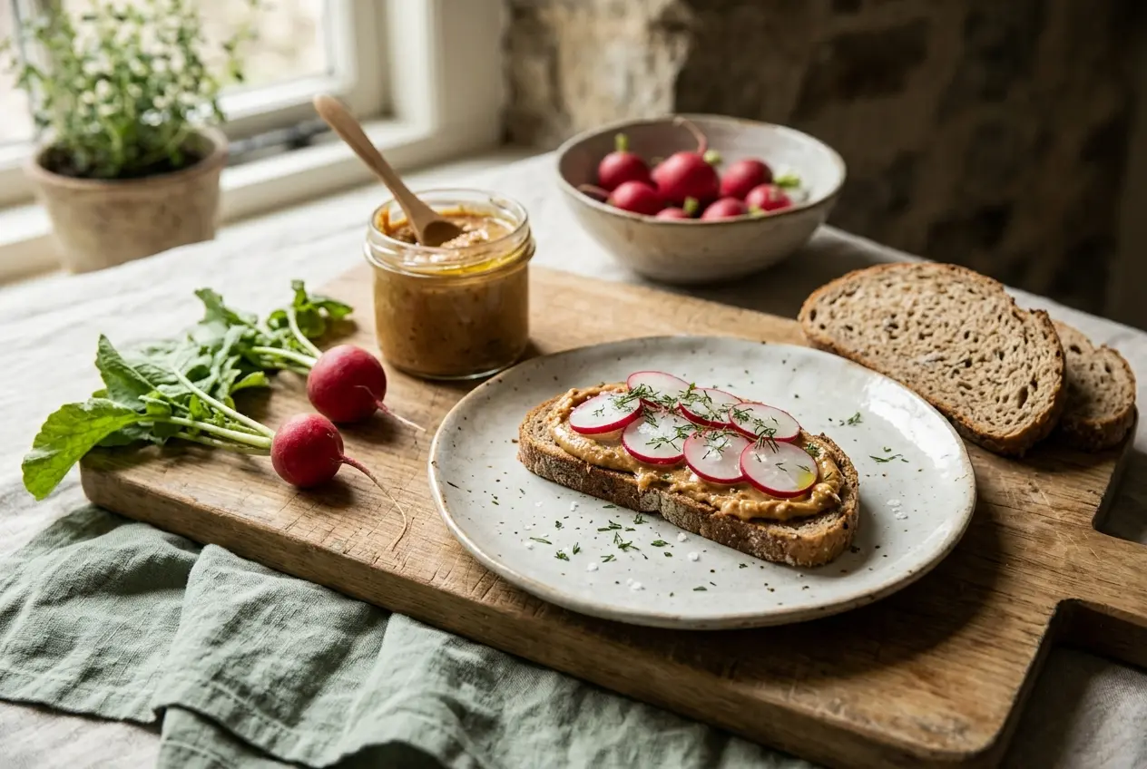Speltbrood met pindakaas en radijs — eenvoudig gezond recept