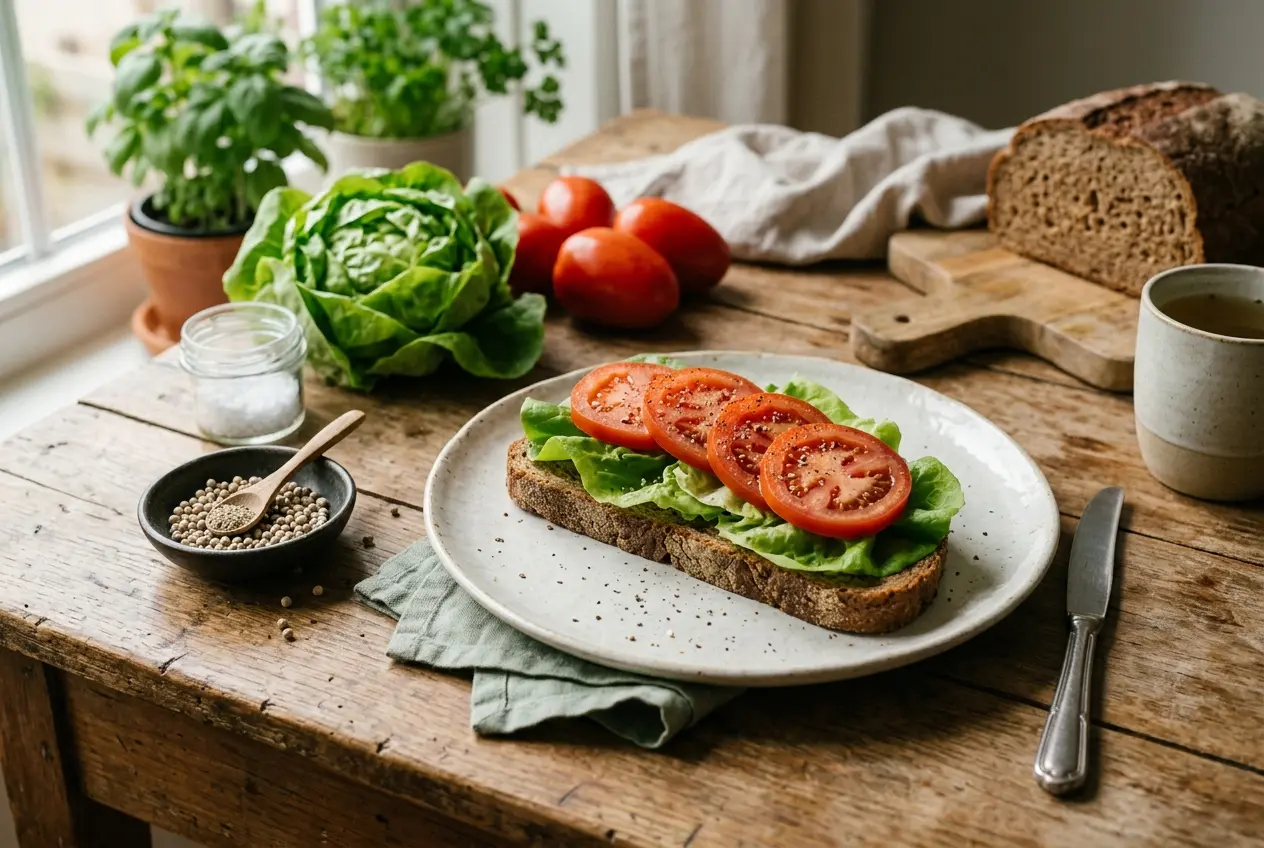 Speltbrood met botersla, Roma tomaat en witte peper