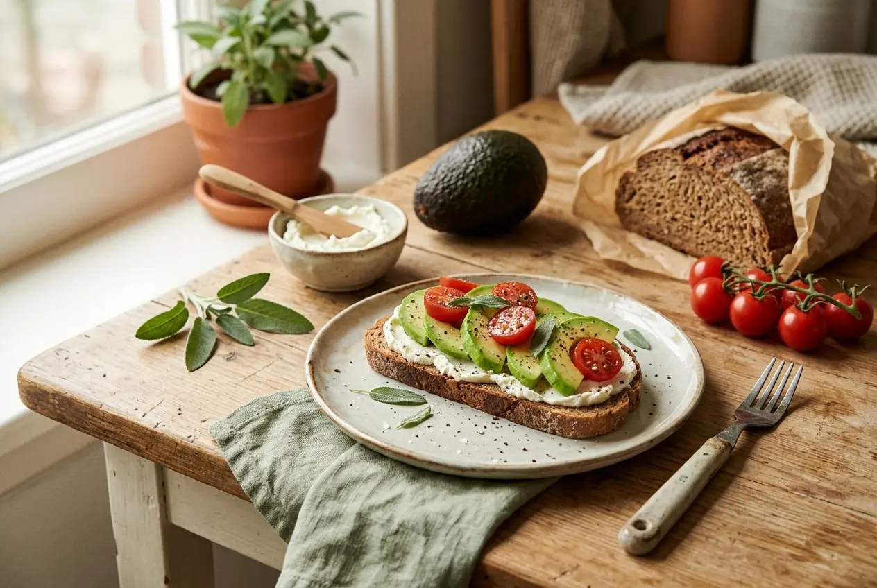 Speltbrood met roomkaas, avocado en tomaat — voedzame lunch in 5 minuten