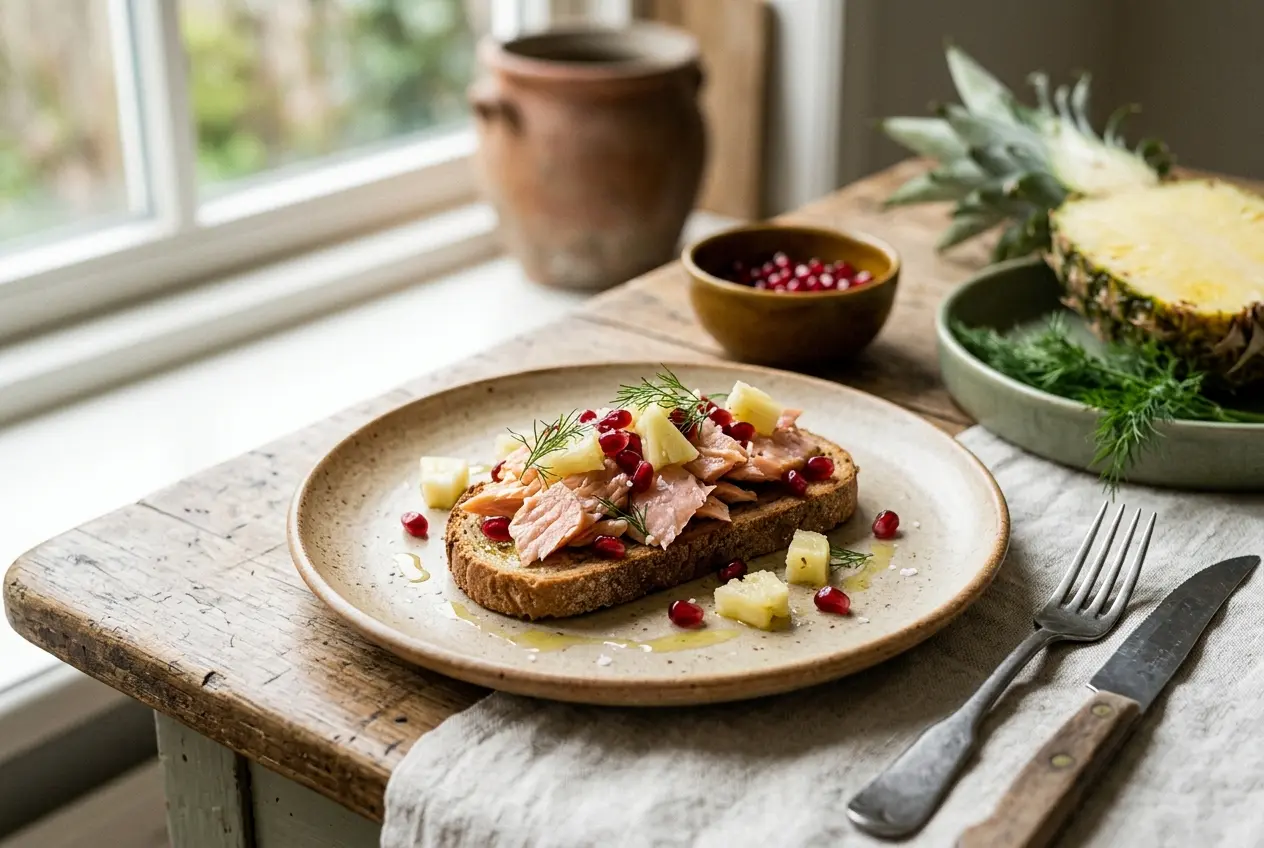 Gezond ontbijt met zalm: Speltbrood met granaatappel en ananas