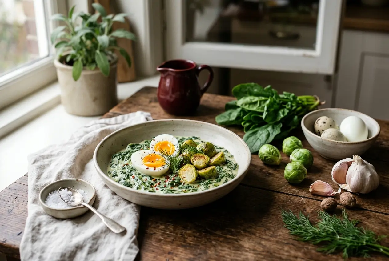 Spinazie à la crème met spruitjes en ei — klaar in 15 minuten