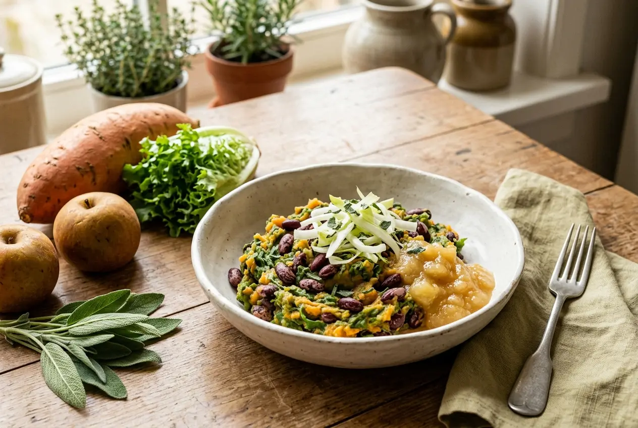 Stamppot rauwe andijvie met zoete aardappel en appelmoes (25 minuten, gezond recept)