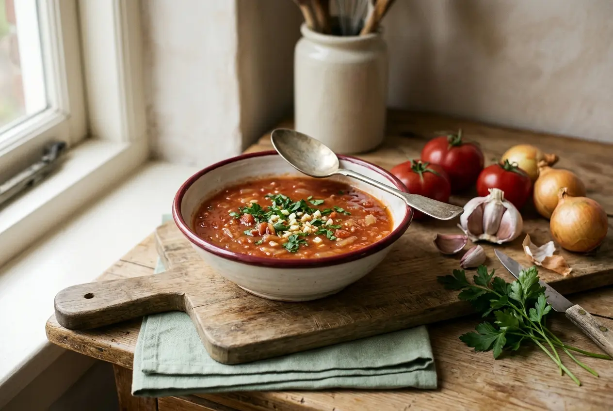 Recept: Tomatensoep met ui, peterselie en knoflook (15 minuten, lycopeen-rijk)
