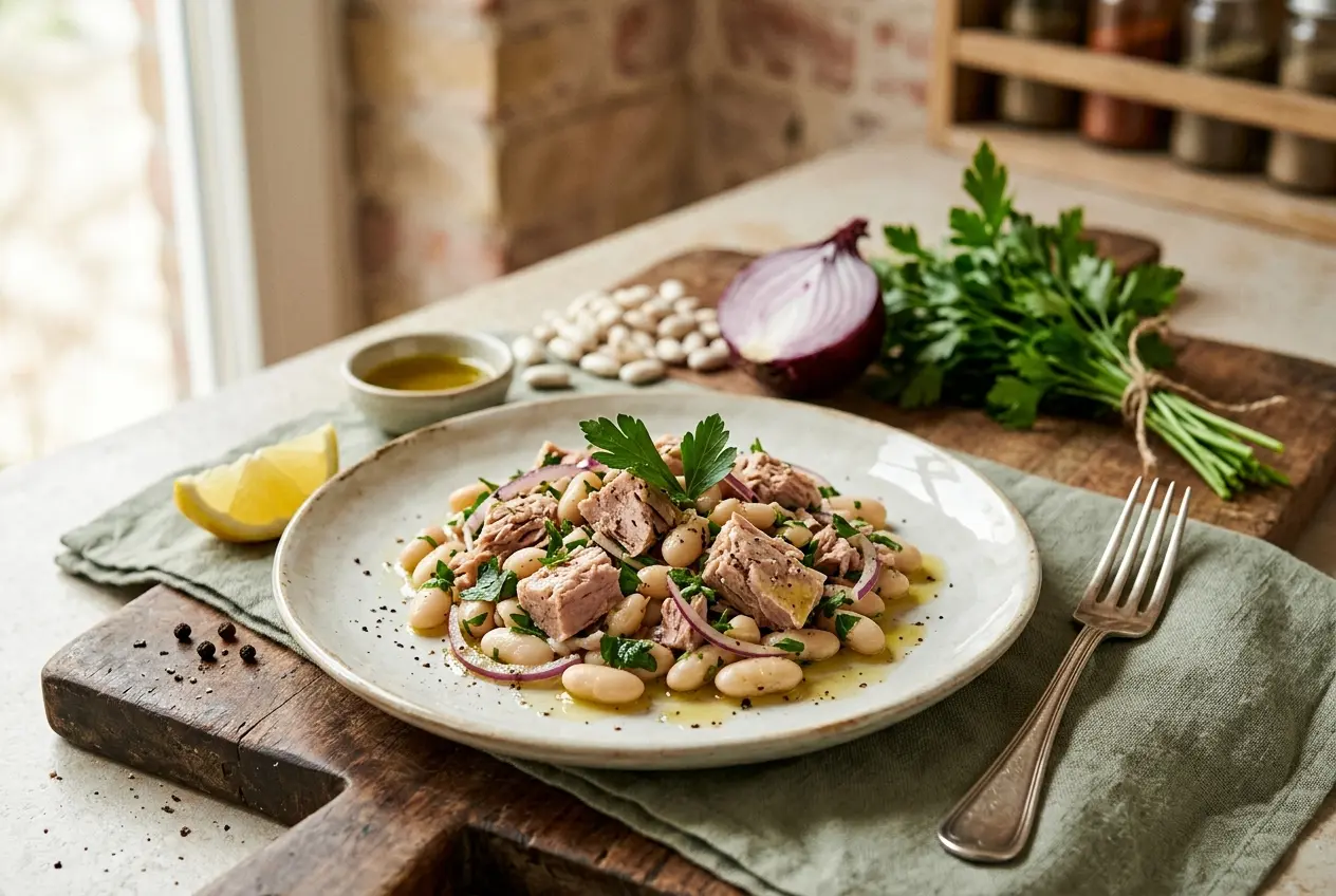 Tonijnsalade met witte bonen en rode ui: eiwitrijk recept klaar in 10 minuten