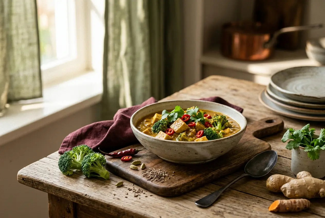 Kruidige vegetarische curry met tofu en broccoli (30 minuten, 1 pan)