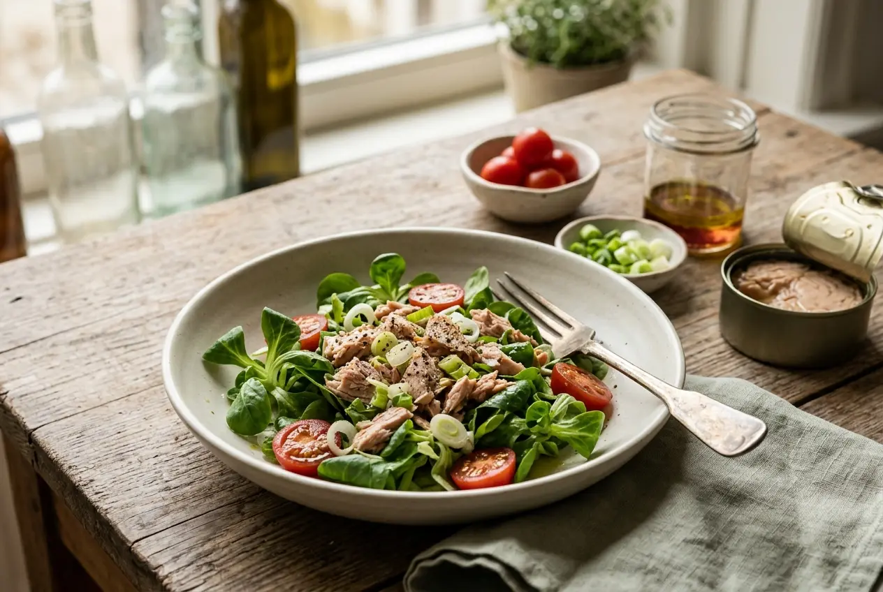 Veldsla met bosui, tonijn en cherrytomaat: een gezonde salade vol omega-3