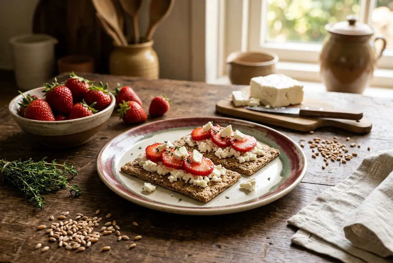Volkoren cracker met aardbei en fetakaas: snelle gezonde snack vol vezels
