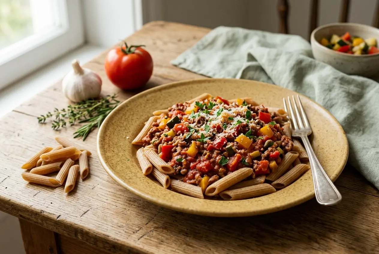 Volkoren pasta met zelfgemaakte groentesaus: recept en voedingswaarden