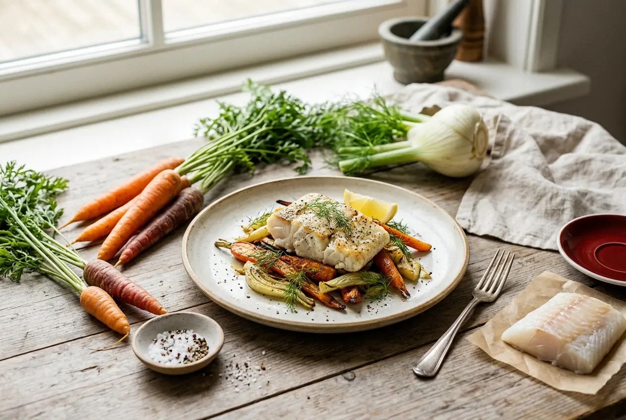 Wortels met venkel en kabeljauw — gezond recept met verse ingrediënten