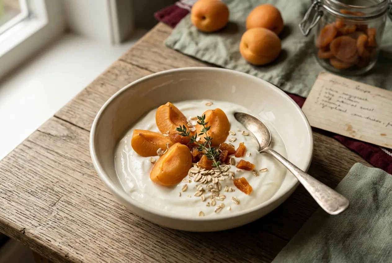 Yoghurt met verse abrikoos — eenvoudig ontbijt met calcium, B12 en vezels