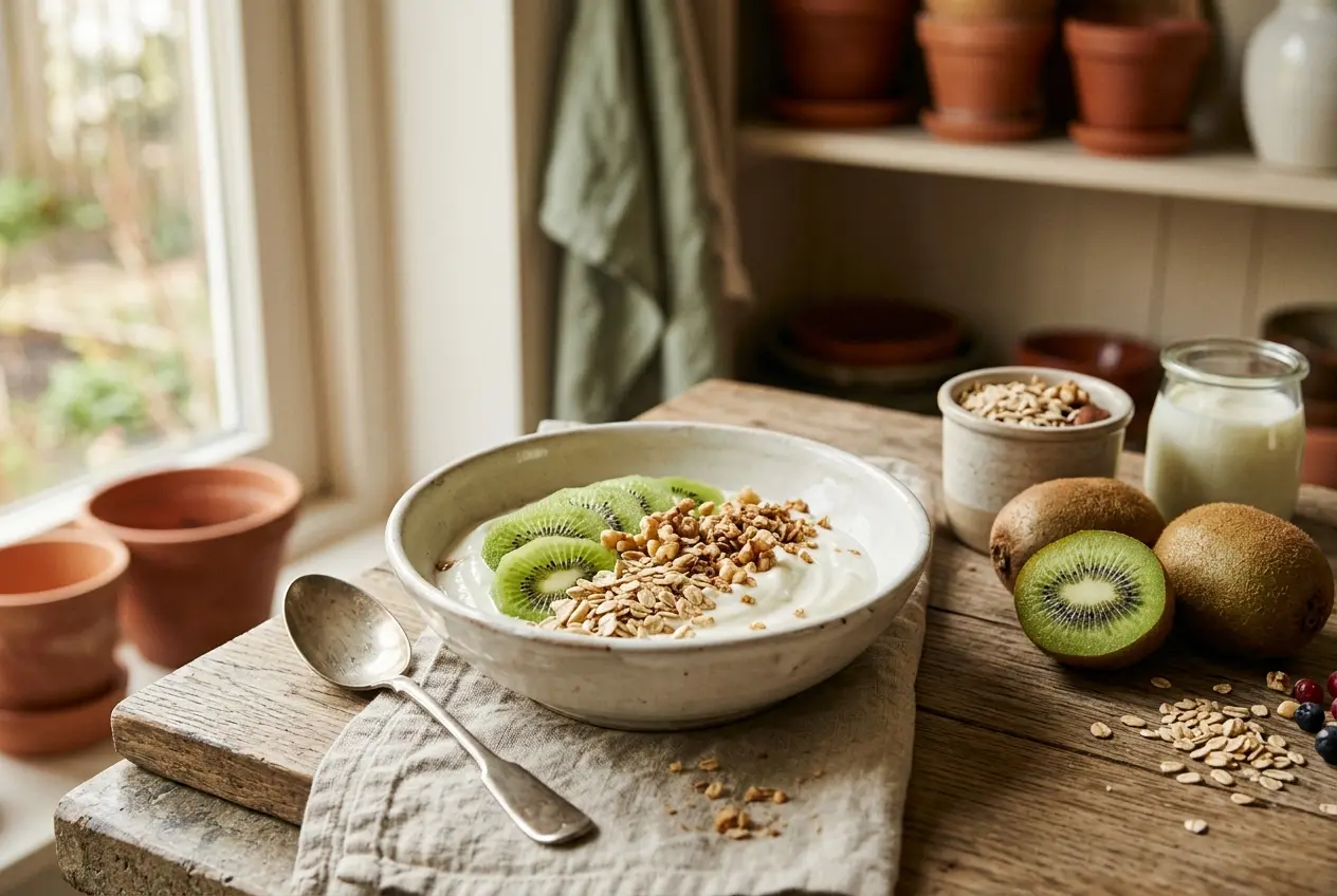 Biologische yoghurt met groene kiwi en havermout: een gezond ontbijt
