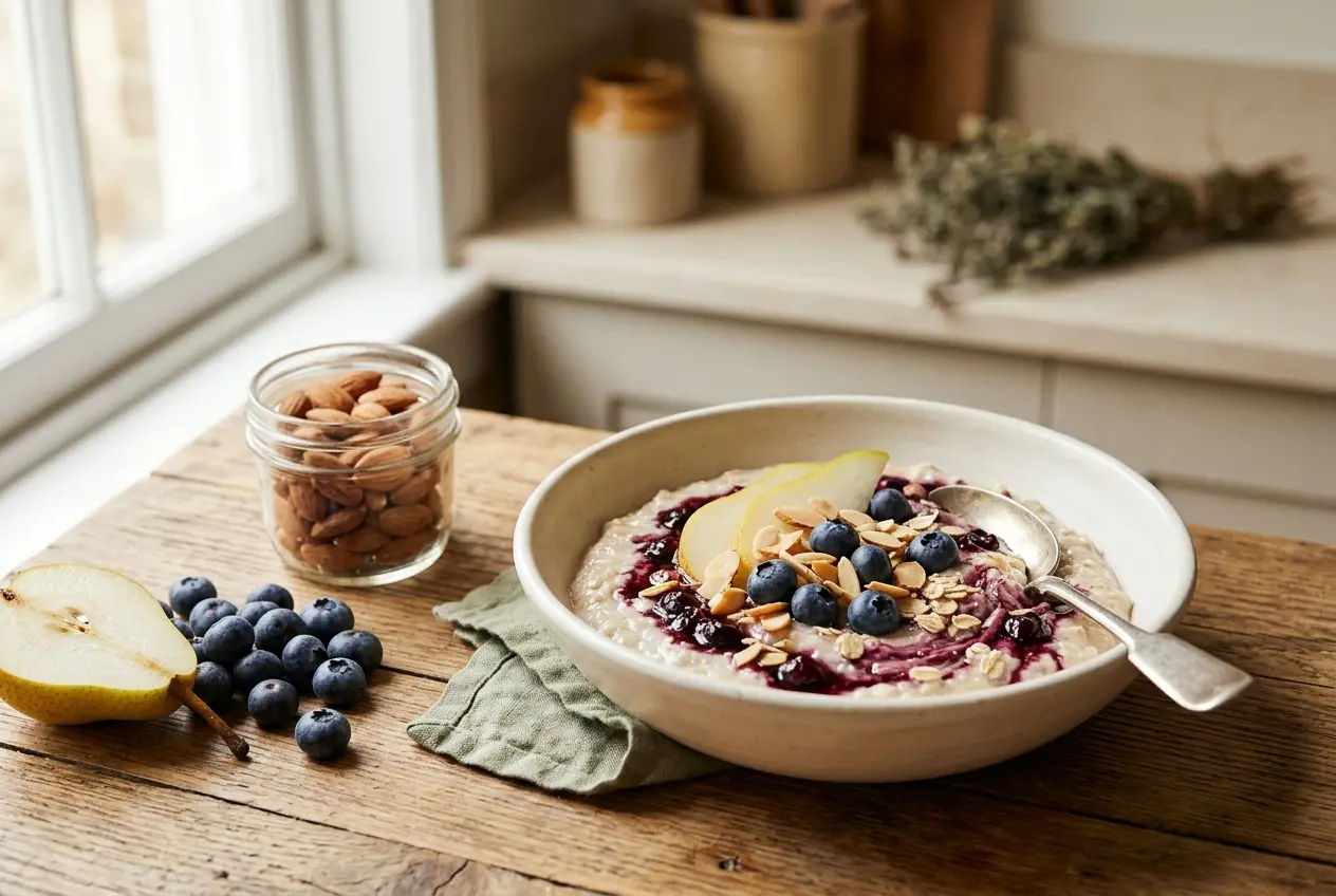 Zelfgemaakte amandelmelk met blauwe bessen en peer: recept en voedingswaarden
