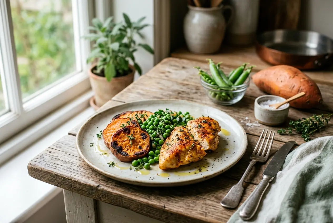 Zoete aardappel met erwten en kipfilet — recept in 35 minuten