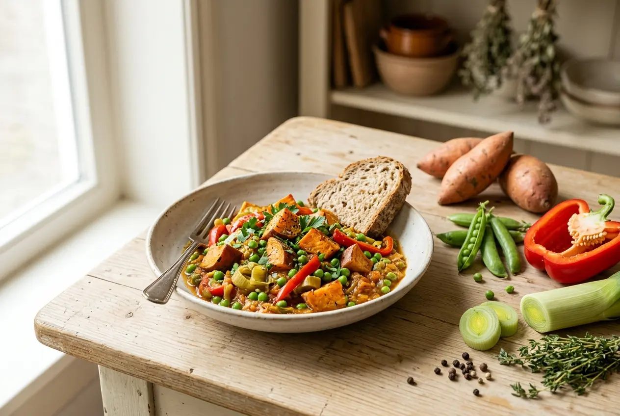 Zoete aardappelen met doperwten, paprika en prei: Compleet vegetarisch diner