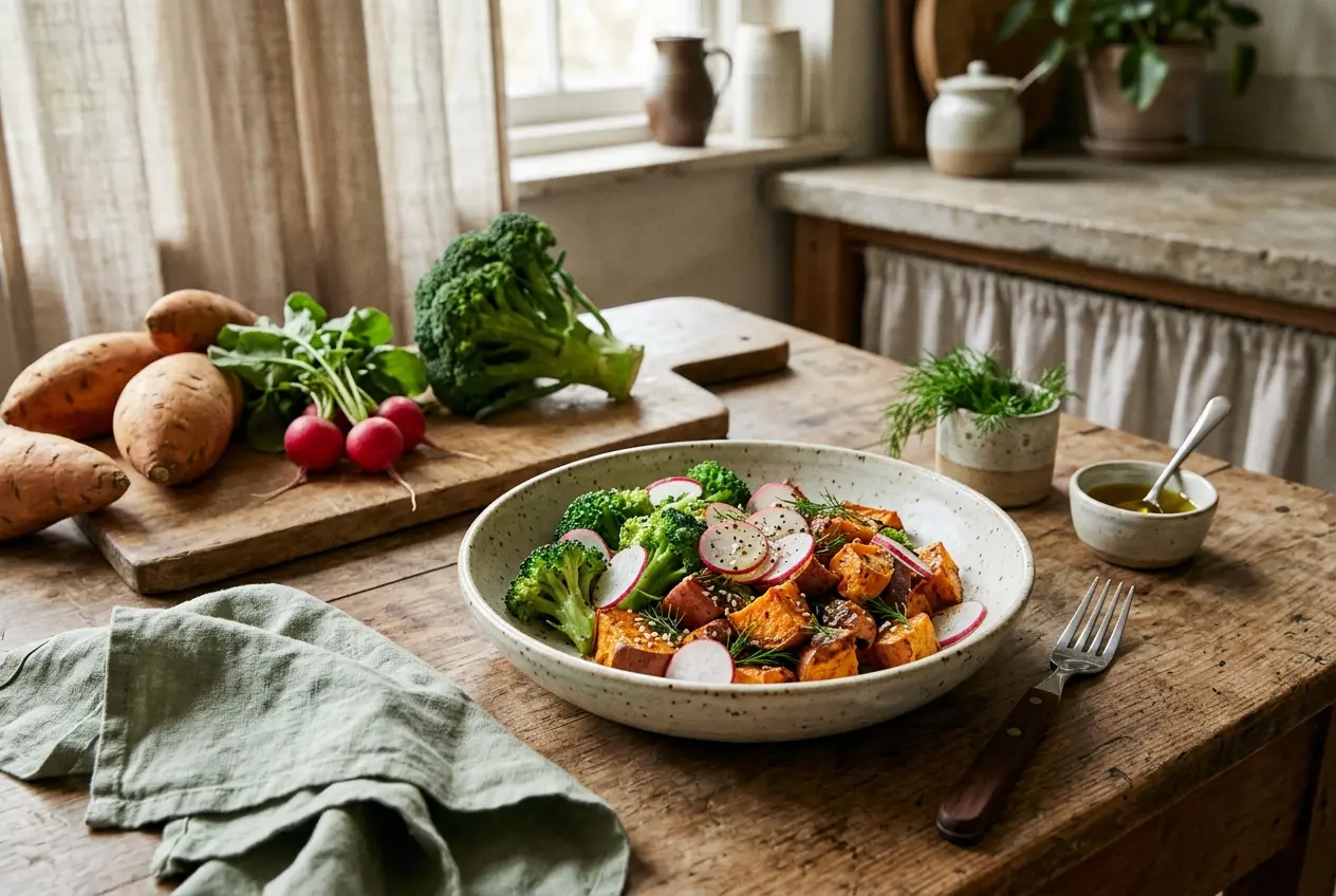 Zoete aardappelen met radijs en broccoli: snel veganistisch recept